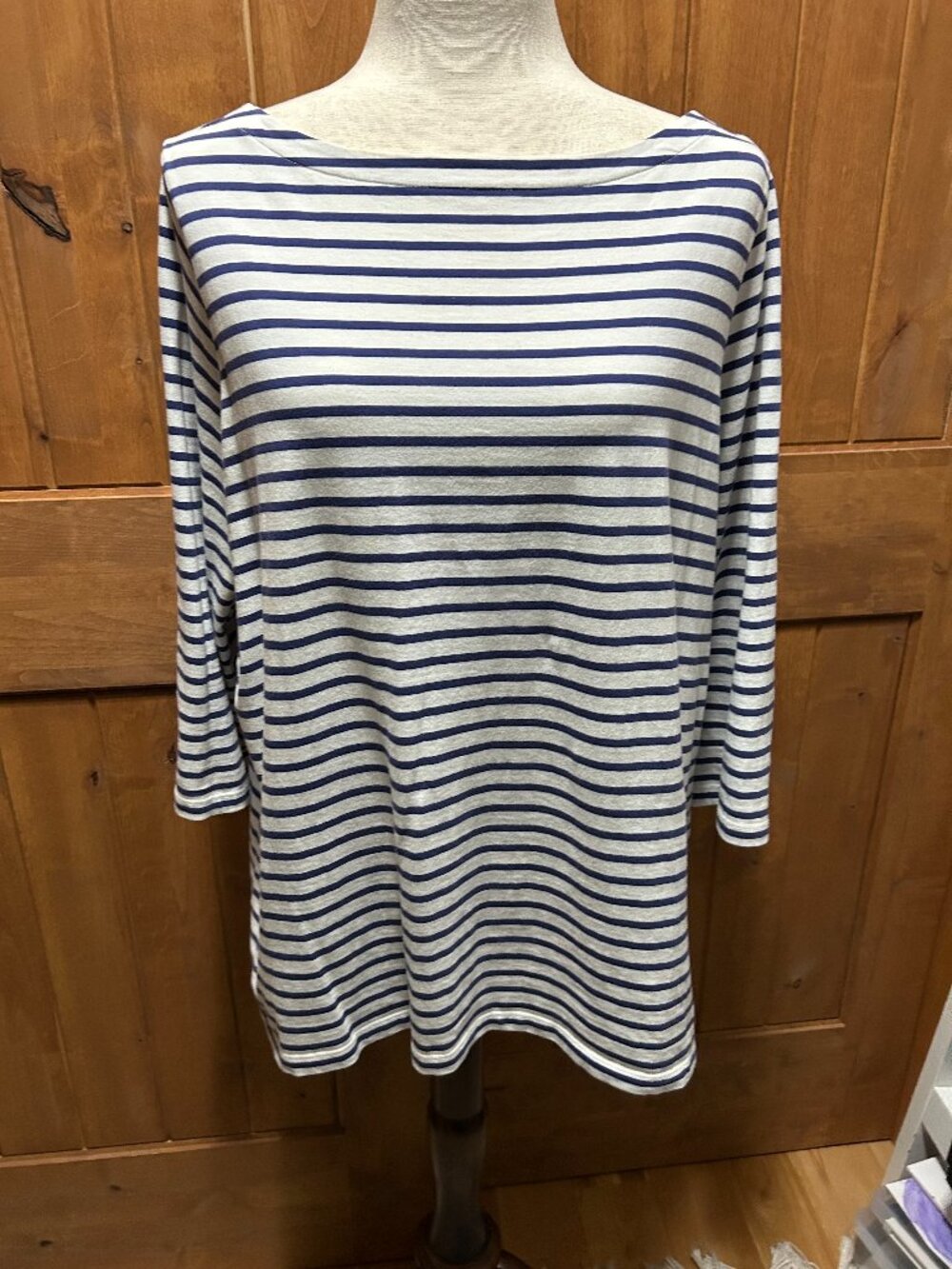 Universal Standard Size M White + Blue Breton Striped 3/4 Sleeve Boatneck Top